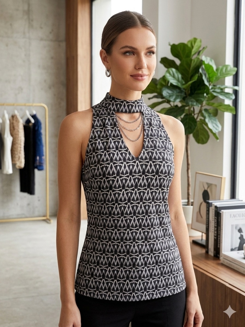 WHBM Geometric Mock Neck Sleeveless Top, Size Small, NWT